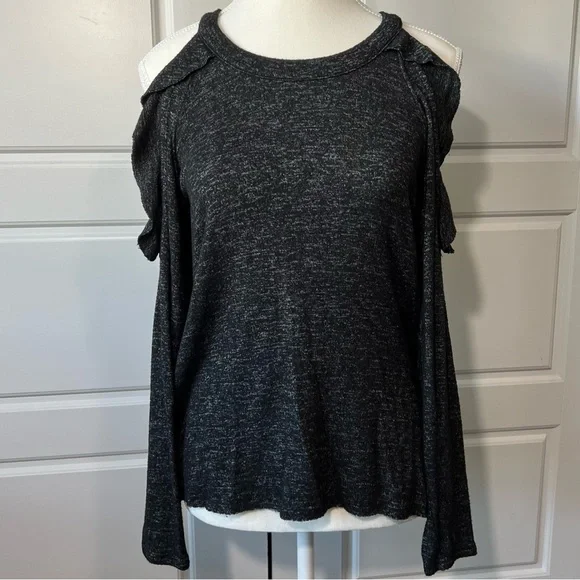 Soft & Sexy Cold Shoulder Top Long Sleeve Ruffle Trim Gray Heathered Blouse SM - Picture 1 of 5